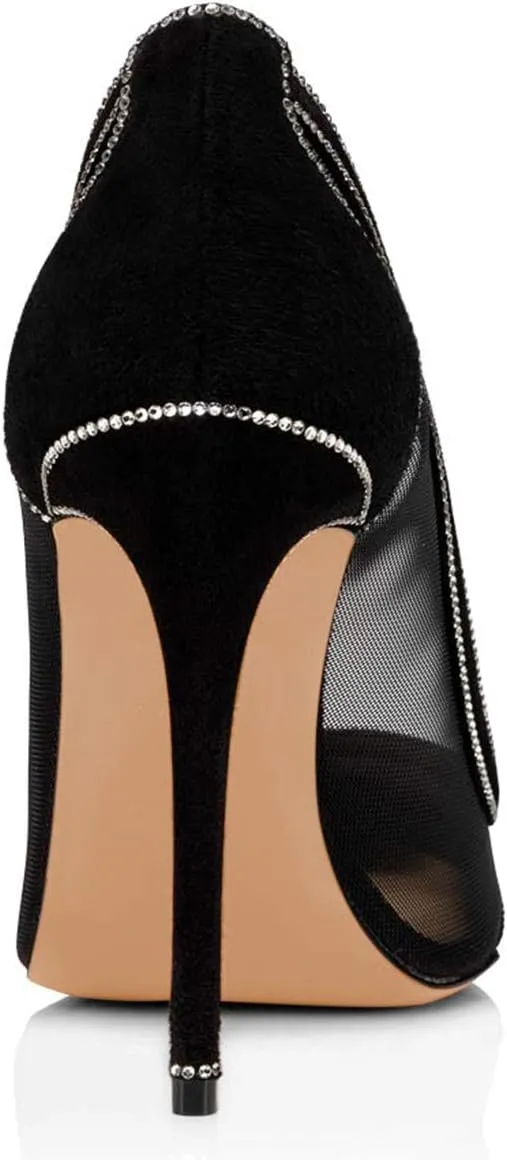 FSJ Women Sexy Rhinestones Stilettos High Heels Pointed Toe Slip On Pump Trendy Suede Mesh Party Office Dress Shoes Size 4-15 US