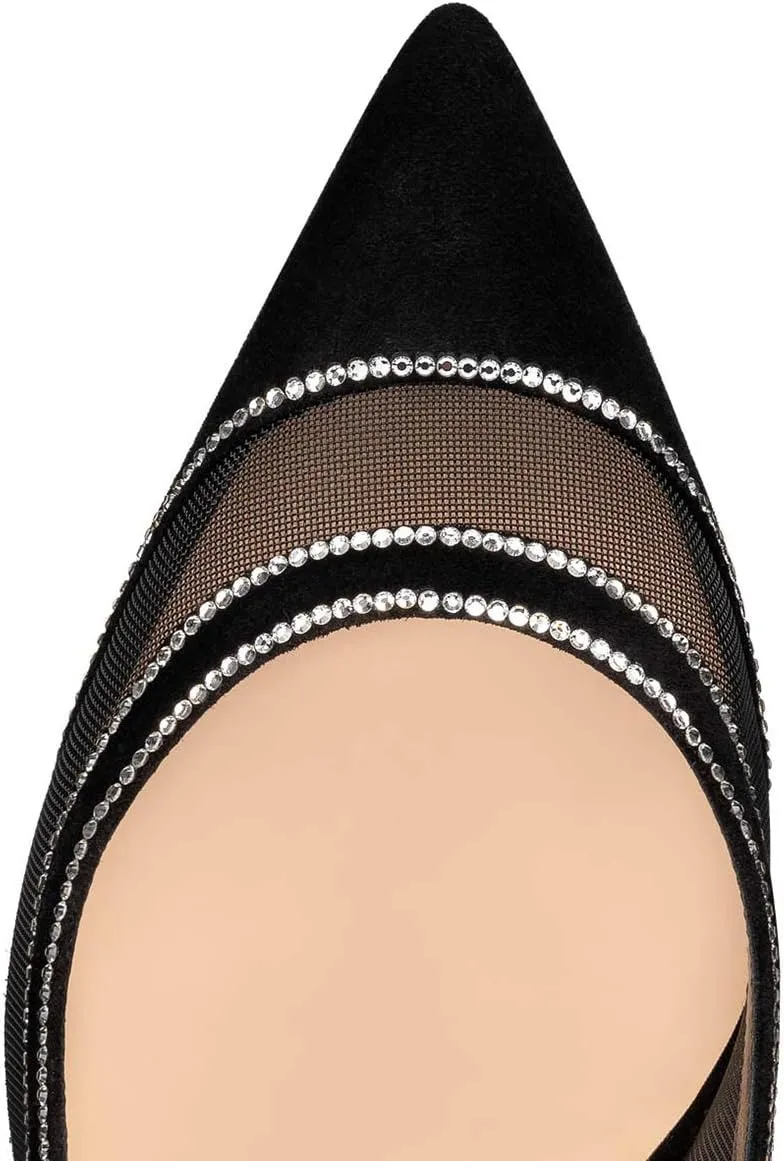 FSJ Women Sexy Rhinestones Stilettos High Heels Pointed Toe Slip On Pump Trendy Suede Mesh Party Office Dress Shoes Size 4-15 US