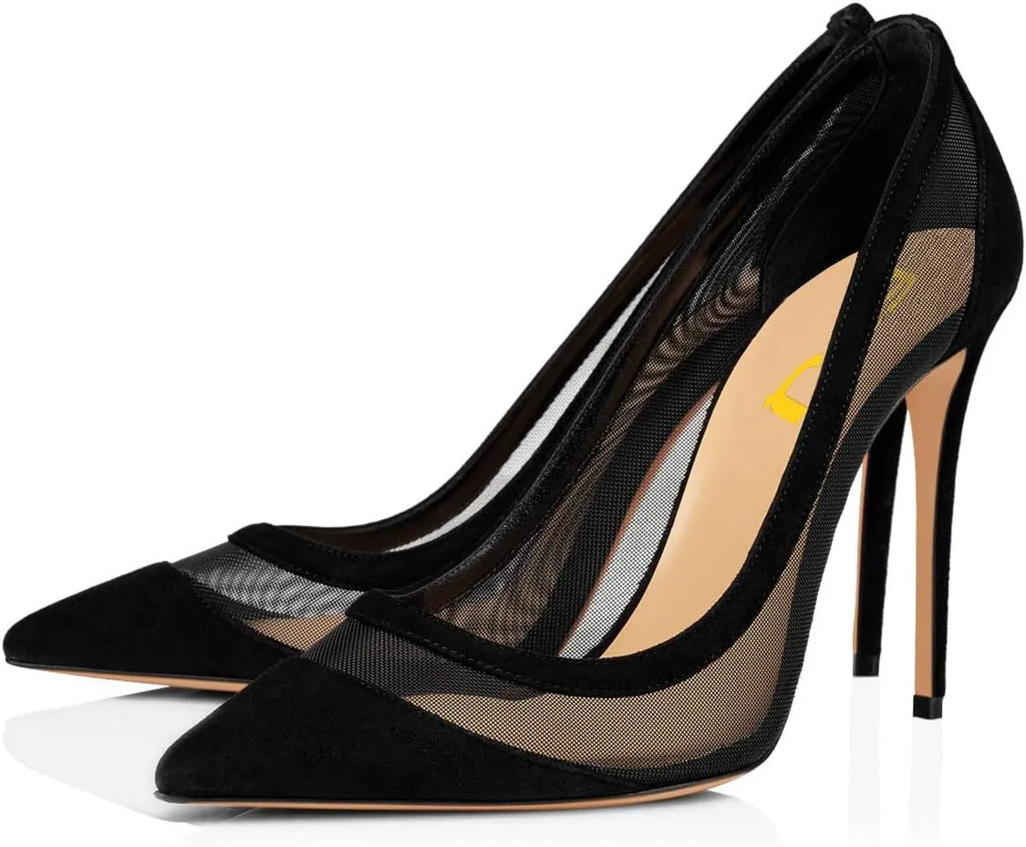 FSJ Women Sexy Rhinestones Stilettos High Heels Pointed Toe Slip On Pump Trendy Suede Mesh Party Office Dress Shoes Size 4-15 US