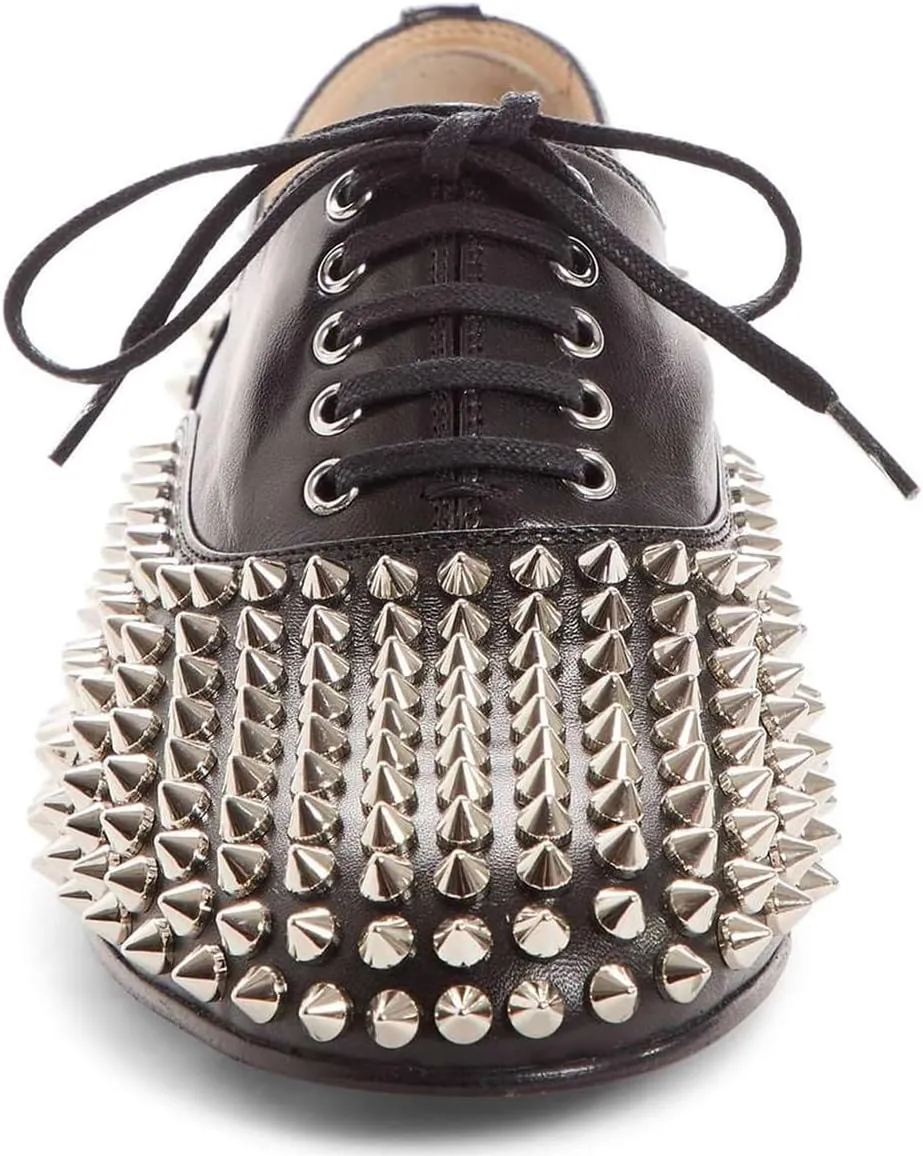 FSJ Women Spike Low Chunky Heel Oxford Shoes Studded Rivets Round Toe Comfortable Brogues Lace up Casual Unisex Dress Pump Shoes Size 4-16 US