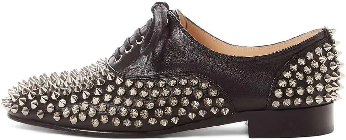 FSJ Women Spike Low Chunky Heel Oxford Shoes Studded Rivets Round Toe Comfortable Brogues Lace up Casual Unisex Dress Pump Shoes Size 4-16 US
