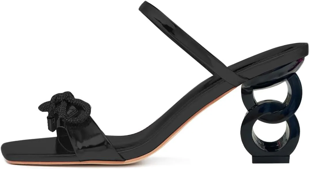 FSJ Women Square Open Toe Mules Mid Chain Chunky Block Heeled Sandals Two Strap with Rhinestone Bow Slip On Party Wedding Slides Dress Shoes Size 4-16 US
