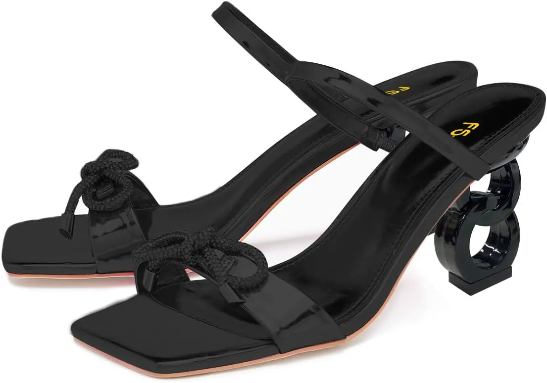 FSJ Women Square Open Toe Mules Mid Chain Chunky Block Heeled Sandals Two Strap with Rhinestone Bow Slip On Party Wedding Slides Dress Shoes Size 4-16 US