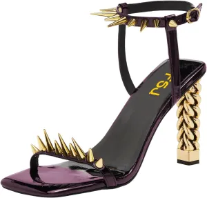 FSJ Women Strappy Sandals with Spikes Heel Gold Chain Chunky High Heel Square Open Toe Ankle Strap Sandals Rivet Studded Party Shopping Holiday Shoes Size 4-16 US