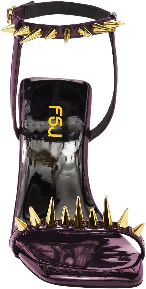 FSJ Women Strappy Sandals with Spikes Heel Gold Chain Chunky High Heel Square Open Toe Ankle Strap Sandals Rivet Studded Party Shopping Holiday Shoes Size 4-16 US