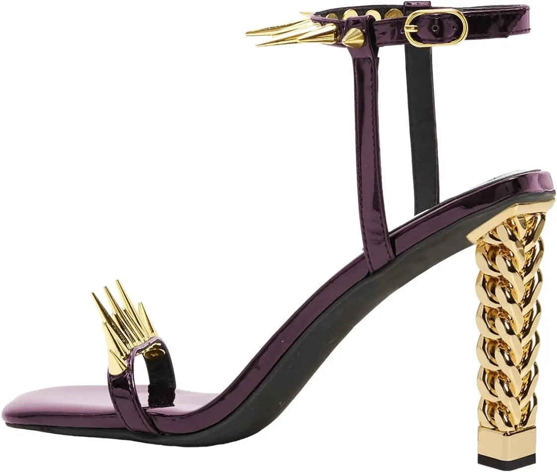 FSJ Women Strappy Sandals with Spikes Heel Gold Chain Chunky High Heel Square Open Toe Ankle Strap Sandals Rivet Studded Party Shopping Holiday Shoes Size 4-16 US
