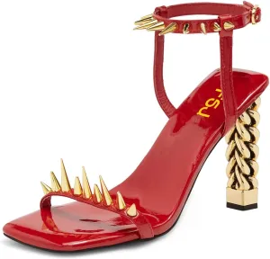 FSJ Women Strappy Sandals with Spikes Heel Gold Chain Chunky High Heel Square Open Toe Ankle Strap Sandals Rivet Studded Party Shopping Holiday Shoes Size 4-16 US