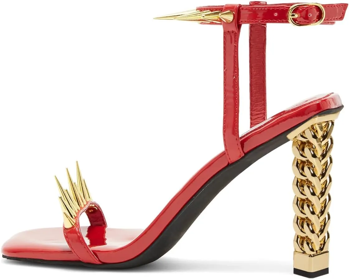 FSJ Women Strappy Sandals with Spikes Heel Gold Chain Chunky High Heel Square Open Toe Ankle Strap Sandals Rivet Studded Party Shopping Holiday Shoes Size 4-16 US