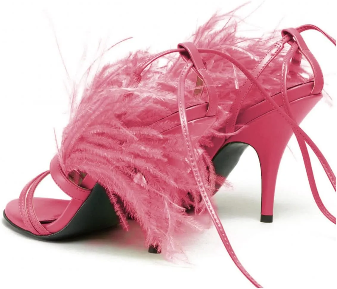 FYS Women Sexy Fluffy Feather Strappy Stiletto Heels Open Toe Lace Up Heeled Sandal Party Evening Dressy Shoes Size 4-15 US