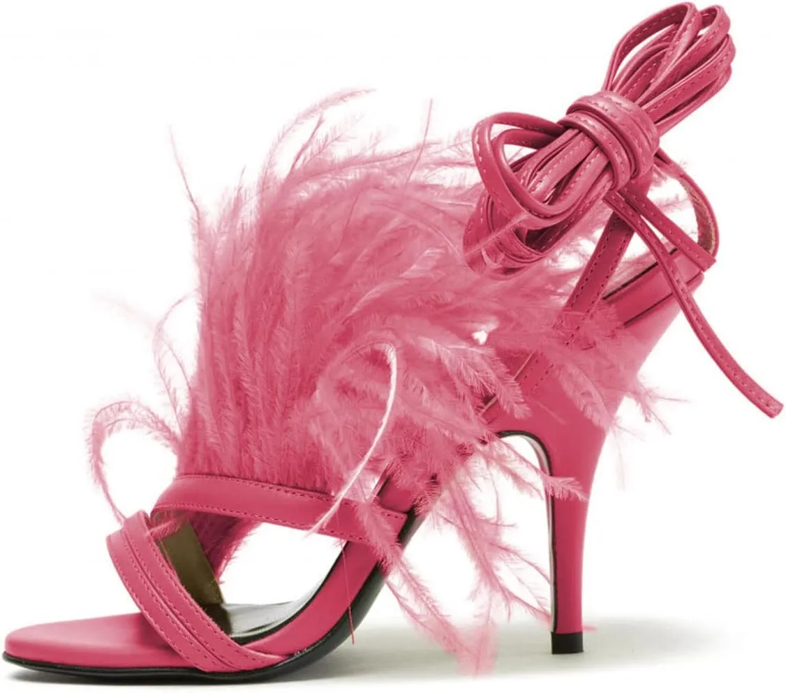 FYS Women Sexy Fluffy Feather Strappy Stiletto Heels Open Toe Lace Up Heeled Sandal Party Evening Dressy Shoes Size 4-15 US