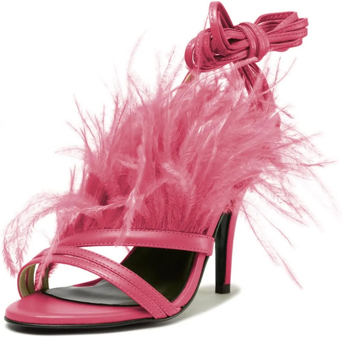FYS Women Sexy Fluffy Feather Strappy Stiletto Heels Open Toe Lace Up Heeled Sandal Party Evening Dressy Shoes Size 4-15 US