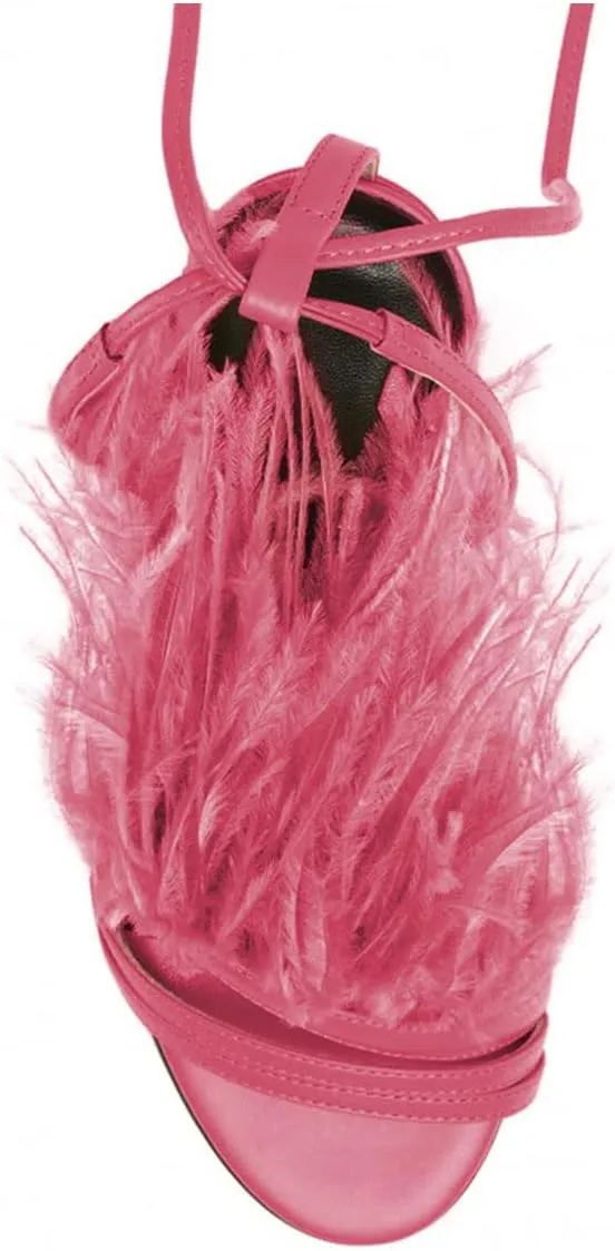 FYS Women Sexy Fluffy Feather Strappy Stiletto Heels Open Toe Lace Up Heeled Sandal Party Evening Dressy Shoes Size 4-15 US