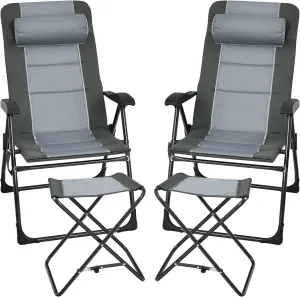Giantex Set of 2 Patio Dining Chairs with Footstools, Folding Recliner Chairs with 7-Position Adjustable Backrest, Headrest, Mesh Bag, Outdoor Portable Lounge Chairs for Poolside Backyard, Grey