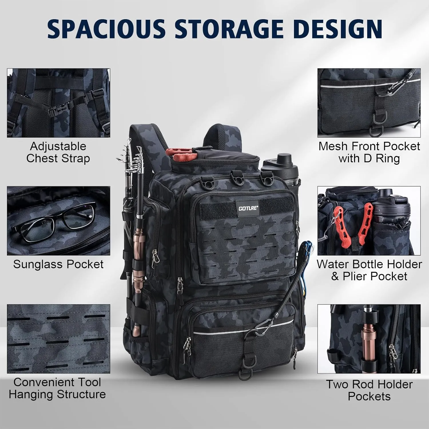 Goture Fishing Backpack with 4 Tackle Boxes, Fishing Tackle Backpack with Rod Holders, 45L 600D Large Fishing Bag Storage Fishing Gear Tackle Bag with 8 Lure Pockets,Rain Cover for Camping Hiking