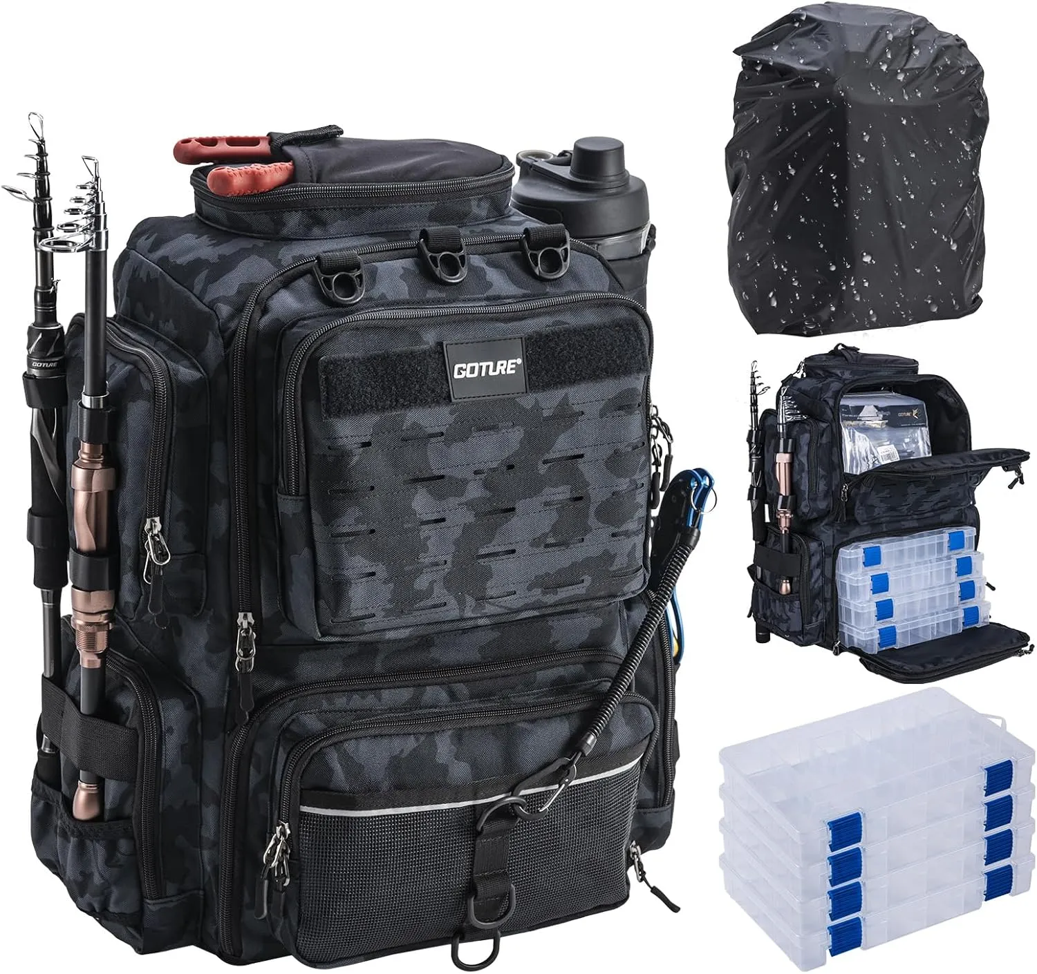 Goture Fishing Backpack with 4 Tackle Boxes, Fishing Tackle Backpack with Rod Holders, 45L 600D Large Fishing Bag Storage Fishing Gear Tackle Bag with 8 Lure Pockets,Rain Cover for Camping Hiking