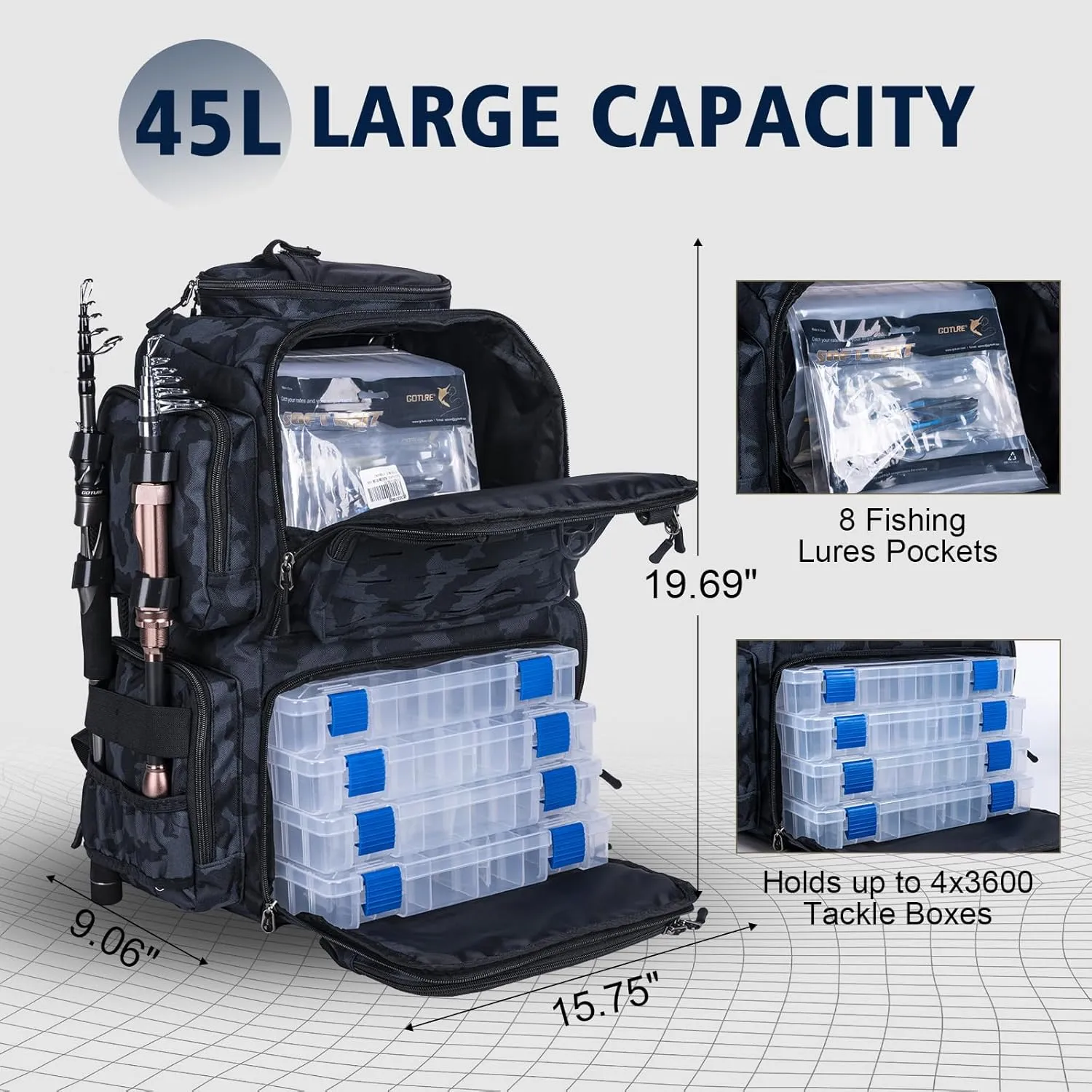 Goture Fishing Backpack with 4 Tackle Boxes, Fishing Tackle Backpack with Rod Holders, 45L 600D Large Fishing Bag Storage Fishing Gear Tackle Bag with 8 Lure Pockets,Rain Cover for Camping Hiking