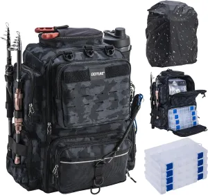 Goture Fishing Backpack with 4 Tackle Boxes, Fishing Tackle Backpack with Rod Holders, 45L 600D Large Fishing Bag Storage Fishing Gear Tackle Bag with 8 Lure Pockets,Rain Cover for Camping Hiking