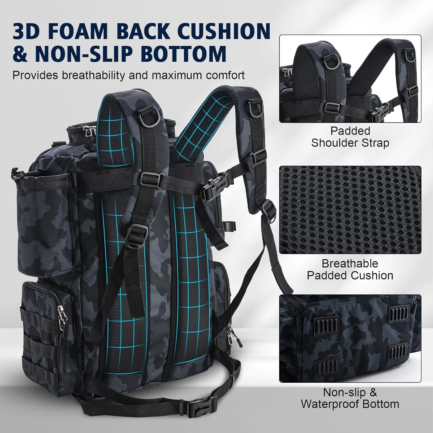 Goture Fishing Backpack with 4 Tackle Boxes, Fishing Tackle Backpack with Rod Holders, 45L 600D Large Fishing Bag Storage Fishing Gear Tackle Bag with 8 Lure Pockets,Rain Cover for Camping Hiking