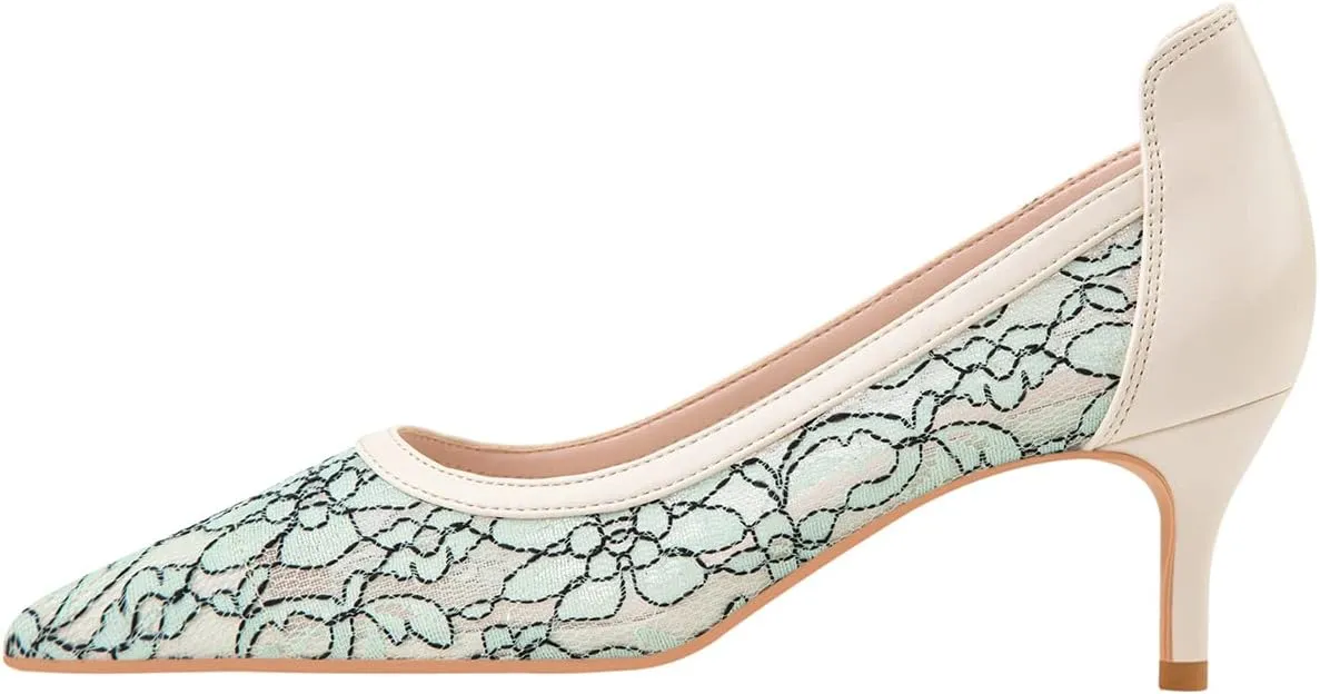 Hee grand Women Mid Heels Pointed Toe Pump Small Heels Office Shoes for Work Sexy Mesh Lace Wedding Party Dress Shoes