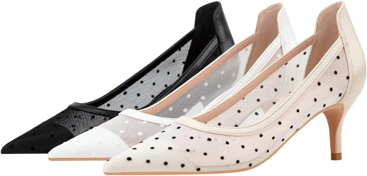 Hee grand Women Mid Heels Pointed Toe Pump Small Heels Office Shoes for Work Sexy Mesh Lace Wedding Party Dress Shoes