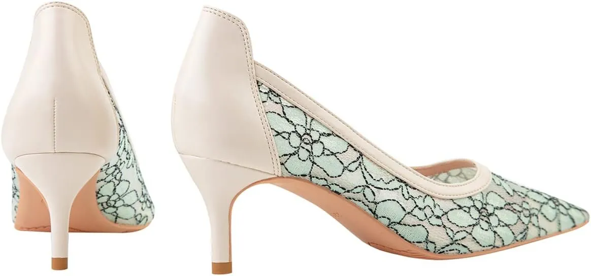 Hee grand Women Mid Heels Pointed Toe Pump Small Heels Office Shoes for Work Sexy Mesh Lace Wedding Party Dress Shoes