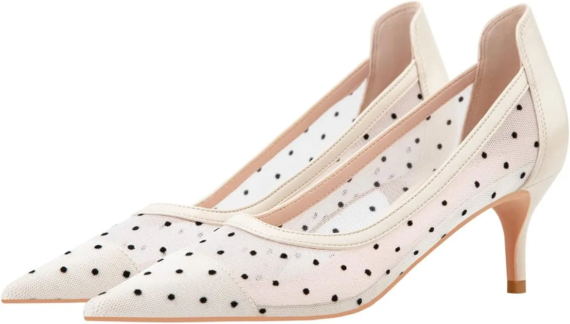Hee grand Women Mid Heels Pointed Toe Pump Small Heels Office Shoes for Work Sexy Mesh Lace Wedding Party Dress Shoes
