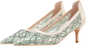 Hee grand Women Mid Heels Pointed Toe Pump Small Heels Office Shoes for Work Sexy Mesh Lace Wedding Party Dress Shoes