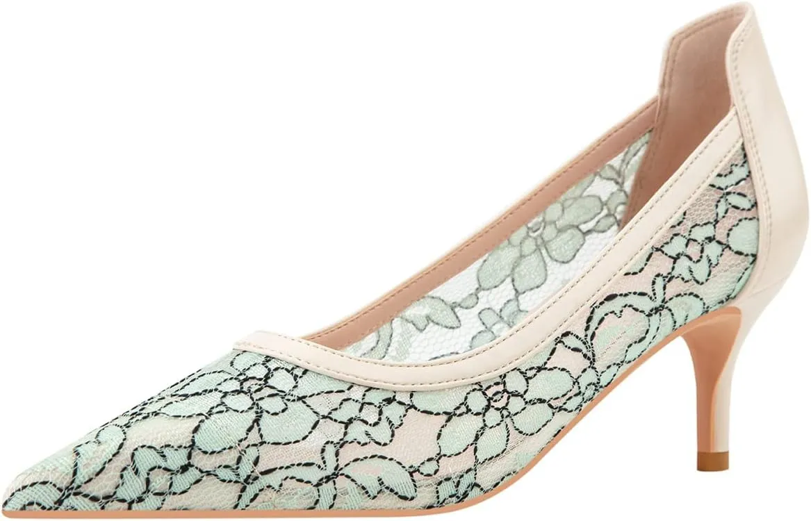 Hee grand Women Mid Heels Pointed Toe Pump Small Heels Office Shoes for Work Sexy Mesh Lace Wedding Party Dress Shoes