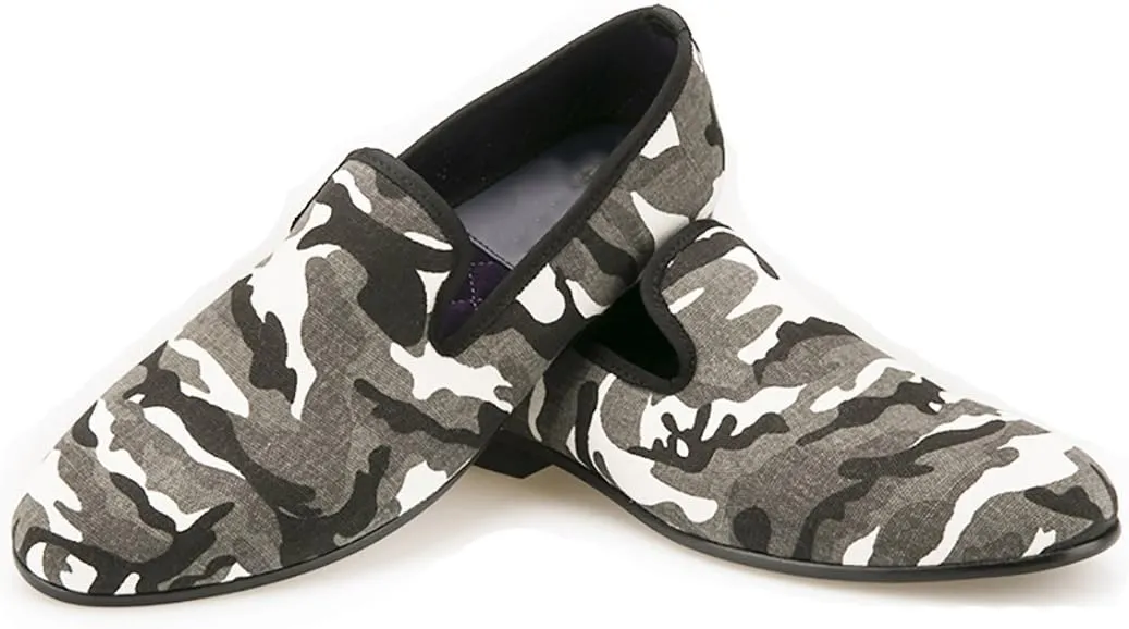 HI&HANN British Style Classic Camouflage Men Smoking Slippers Handmade Men Mix Color Canvas Loafers Men Casual and Prom Flats