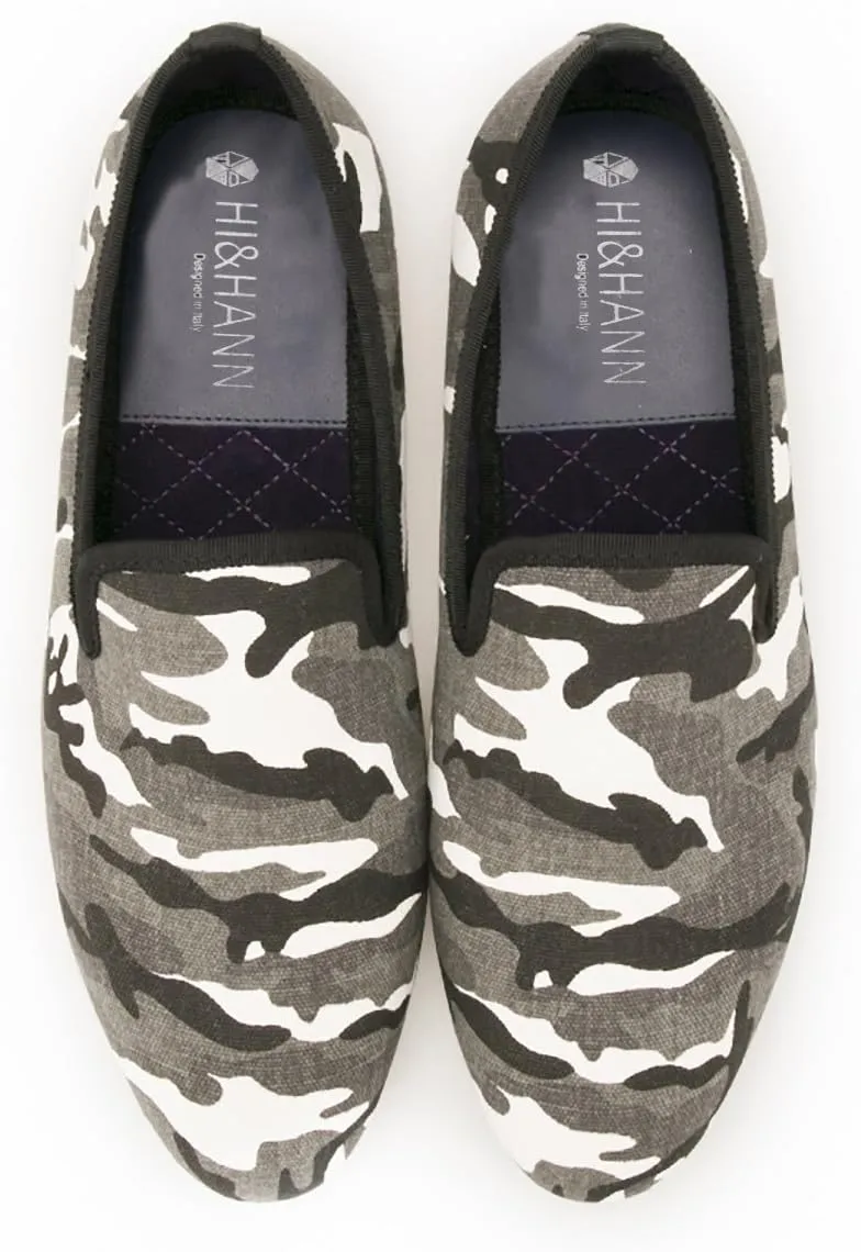 HI&HANN British Style Classic Camouflage Men Smoking Slippers Handmade Men Mix Color Canvas Loafers Men Casual and Prom Flats