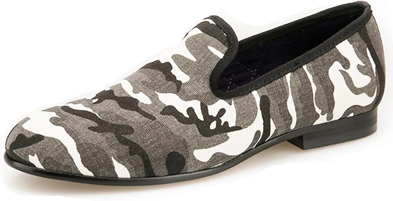 HI&HANN British Style Classic Camouflage Men Smoking Slippers Handmade Men Mix Color Canvas Loafers Men Casual and Prom Flats