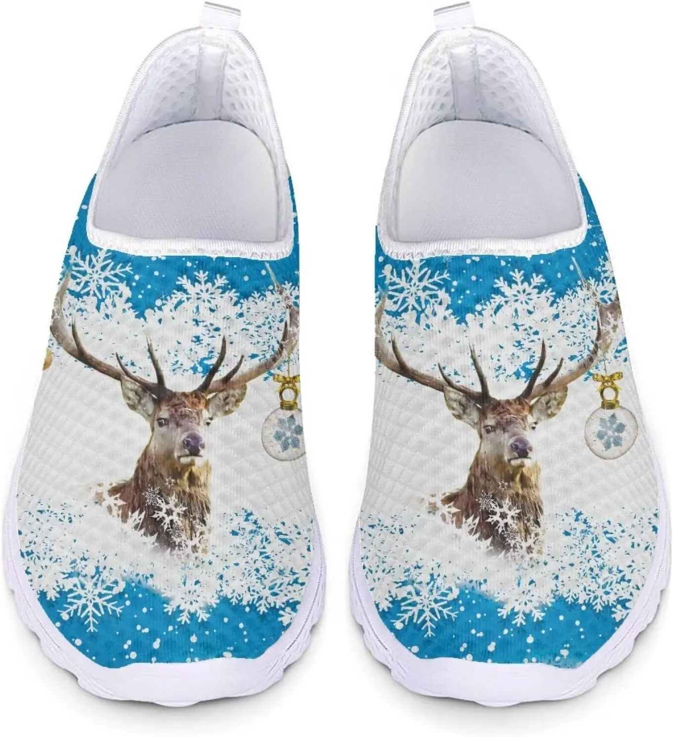 HUIACONG Christmas Women Tennis Shoes Reindeer Snowflake Slip On Trainers for Ladies Lightweight Mesh Sneakers for Unisex Youth Loafers Daily Walking Yoga Leisure Trainers Size 5.5
