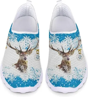 HUIACONG Christmas Women Tennis Shoes Reindeer Snowflake Slip On Trainers for Ladies Lightweight Mesh Sneakers for Unisex Youth Loafers Daily Walking Yoga Leisure Trainers Size 5.5