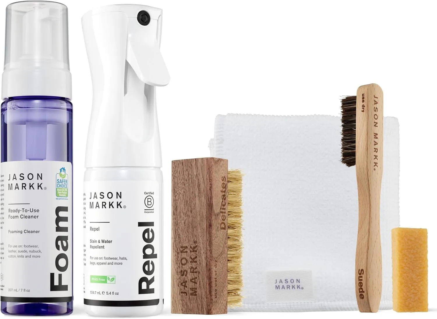 Jason Markk Premium Bundle, Shoe Cleaner Kit, 6-Piece Set, Foam, Repel Spray, Brushes, Microfiber Towel, & Stain Eraser, Sneaker Care, Ideal for Footwear, Safe on Leather, Suede, Nubuck,Cotton, Knits