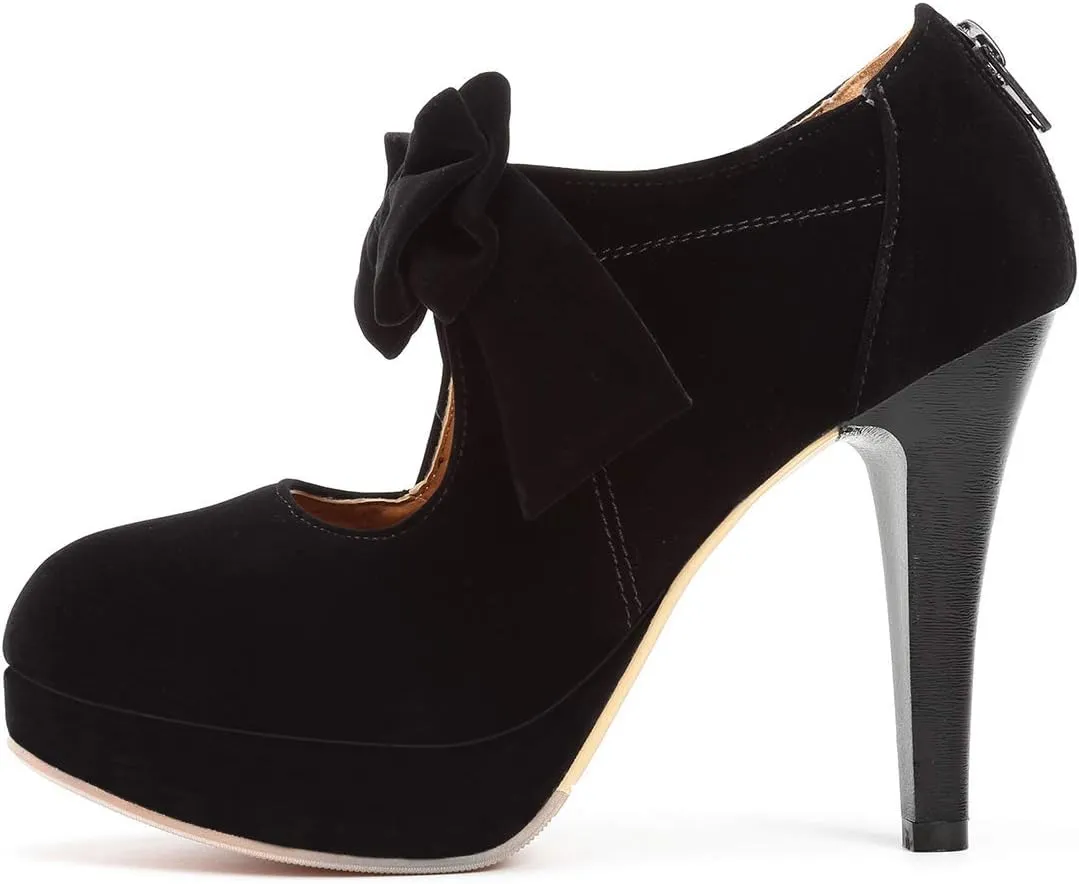 JITUUE Fashion Vintage Womens Sweet Small Bowtie Bowknot Suede Platform Pumps Ladies Sexy High Heeled Back Zipper Shoes