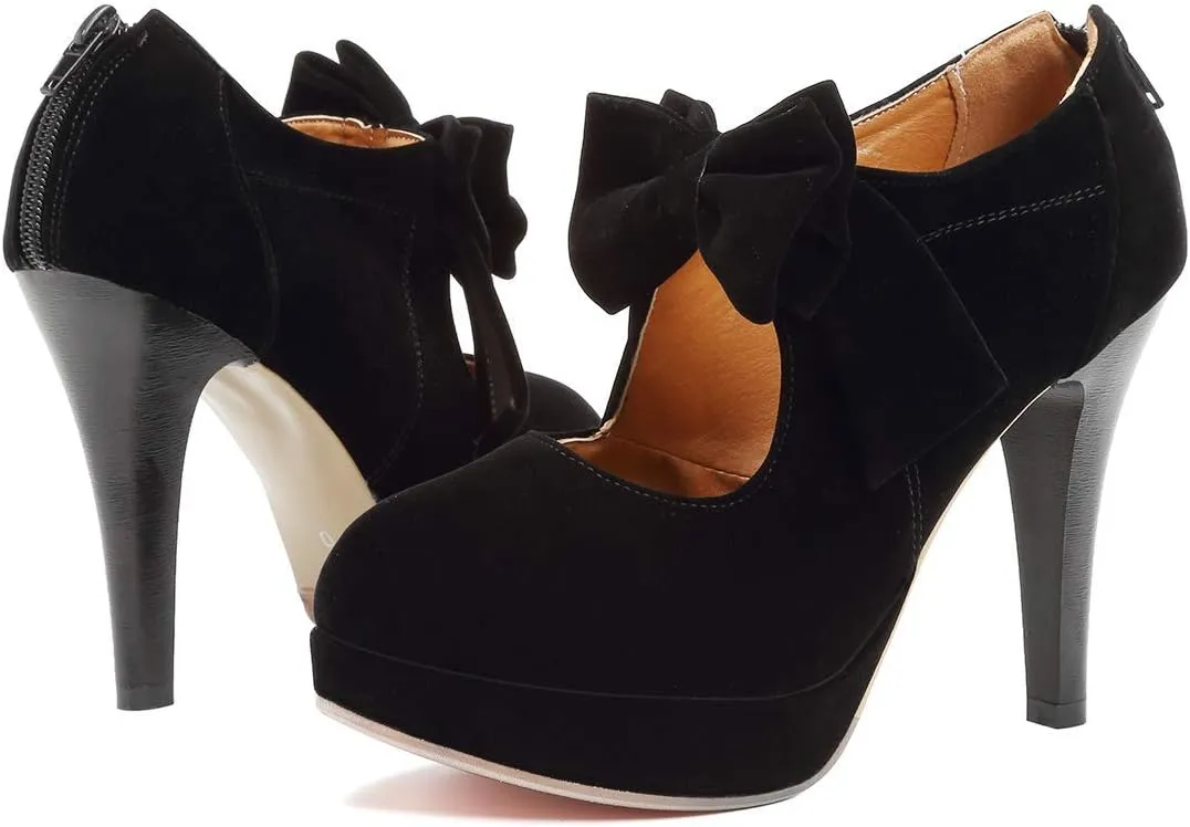 JITUUE Fashion Vintage Womens Sweet Small Bowtie Bowknot Suede Platform Pumps Ladies Sexy High Heeled Back Zipper Shoes