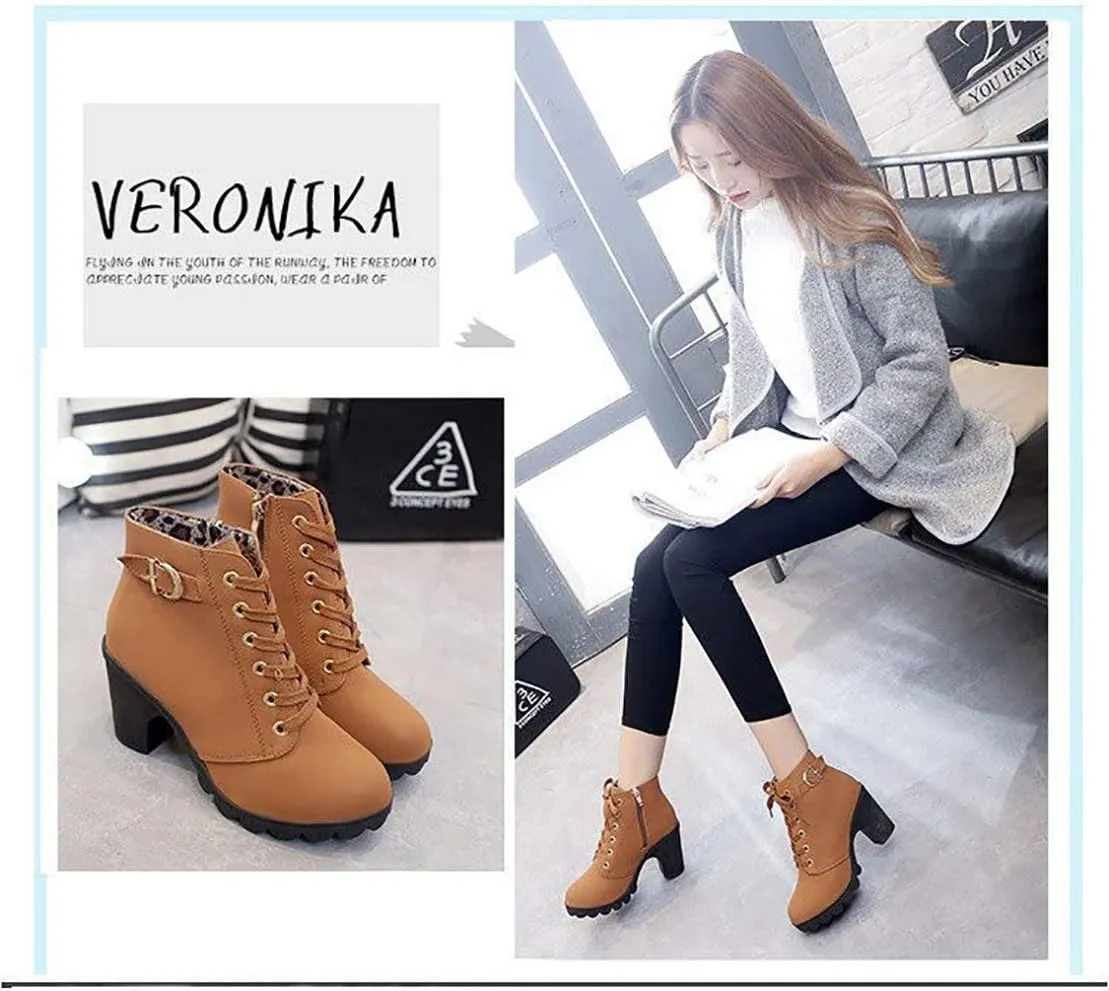 JITUUE Women Round Toe Belt Buckle Thick High Heel Platform Side Zipper Oxford Ankle Boots