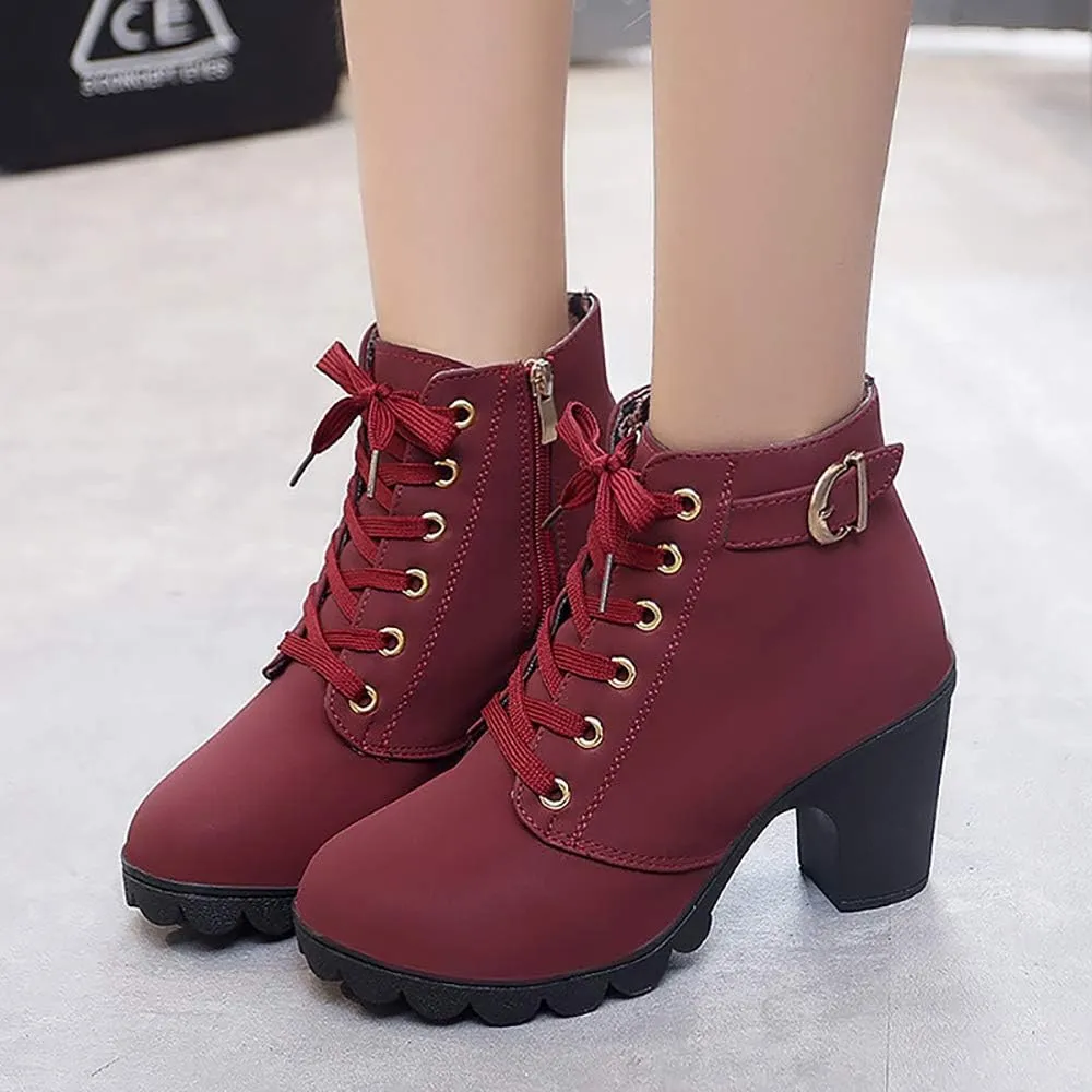 JITUUE Women Round Toe Belt Buckle Thick High Heel Platform Side Zipper Oxford Ankle Boots