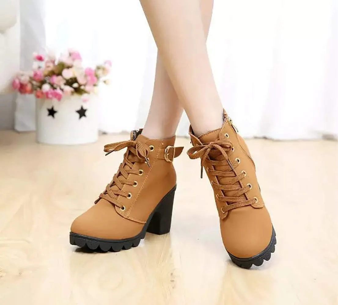 JITUUE Women Round Toe Belt Buckle Thick High Heel Platform Side Zipper Oxford Ankle Boots