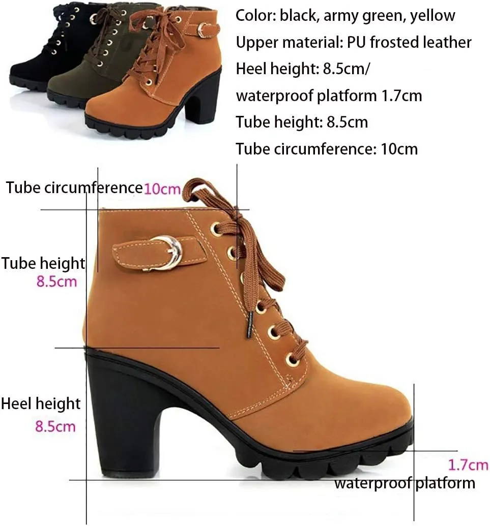 JITUUE Women Round Toe Belt Buckle Thick High Heel Platform Side Zipper Oxford Ankle Boots