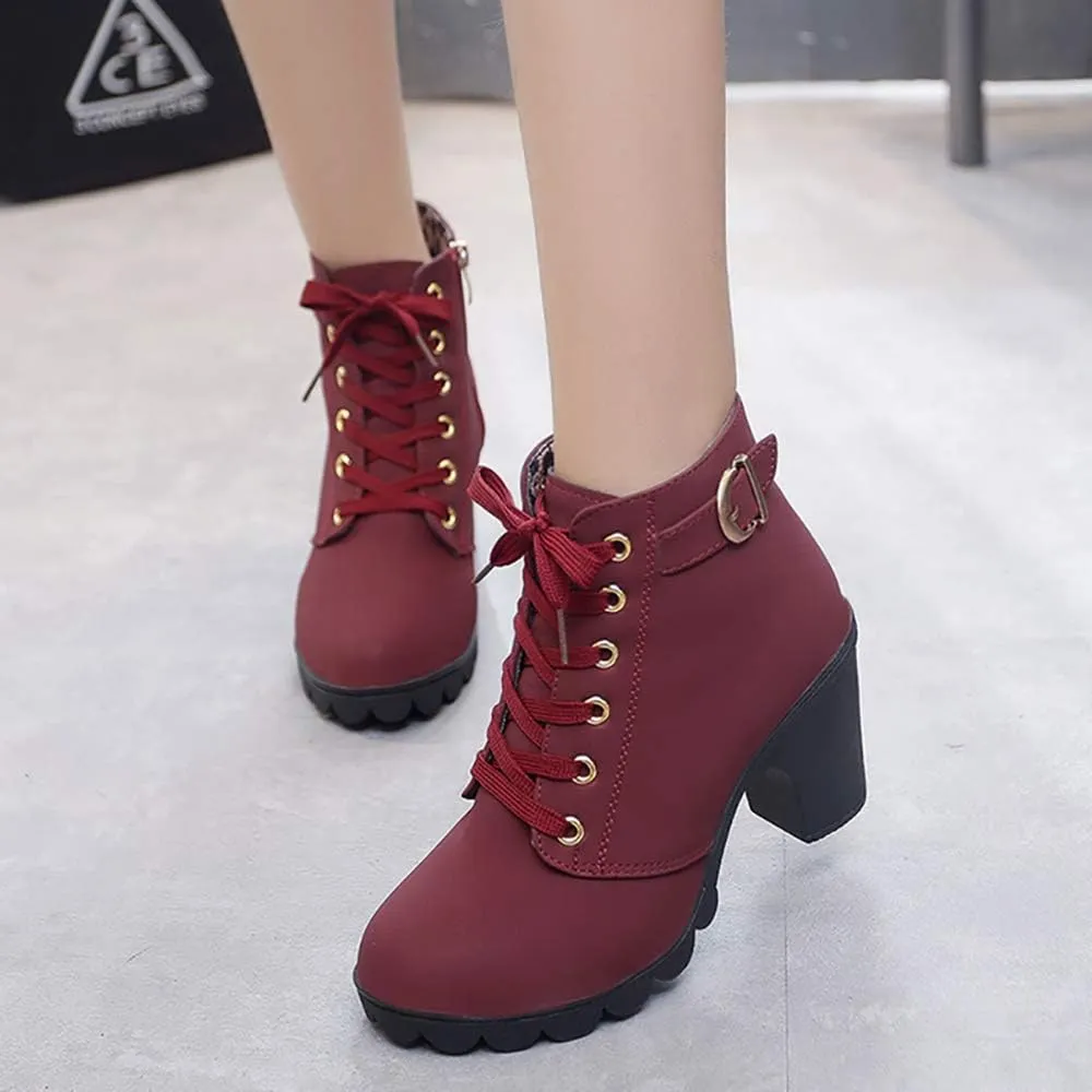 JITUUE Women Round Toe Belt Buckle Thick High Heel Platform Side Zipper Oxford Ankle Boots
