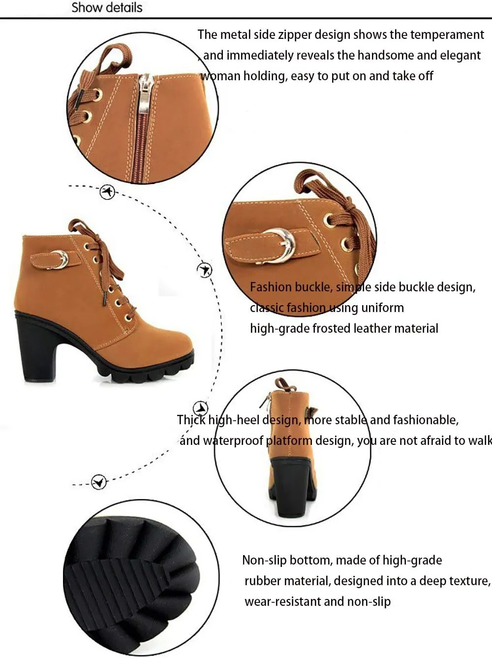 JITUUE Women Round Toe Belt Buckle Thick High Heel Platform Side Zipper Oxford Ankle Boots