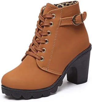 JITUUE Women Round Toe Belt Buckle Thick High Heel Platform Side Zipper Oxford Ankle Boots