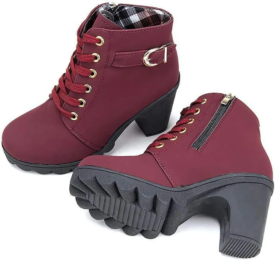 JITUUE Women Round Toe Belt Buckle Thick High Heel Platform Side Zipper Oxford Ankle Boots