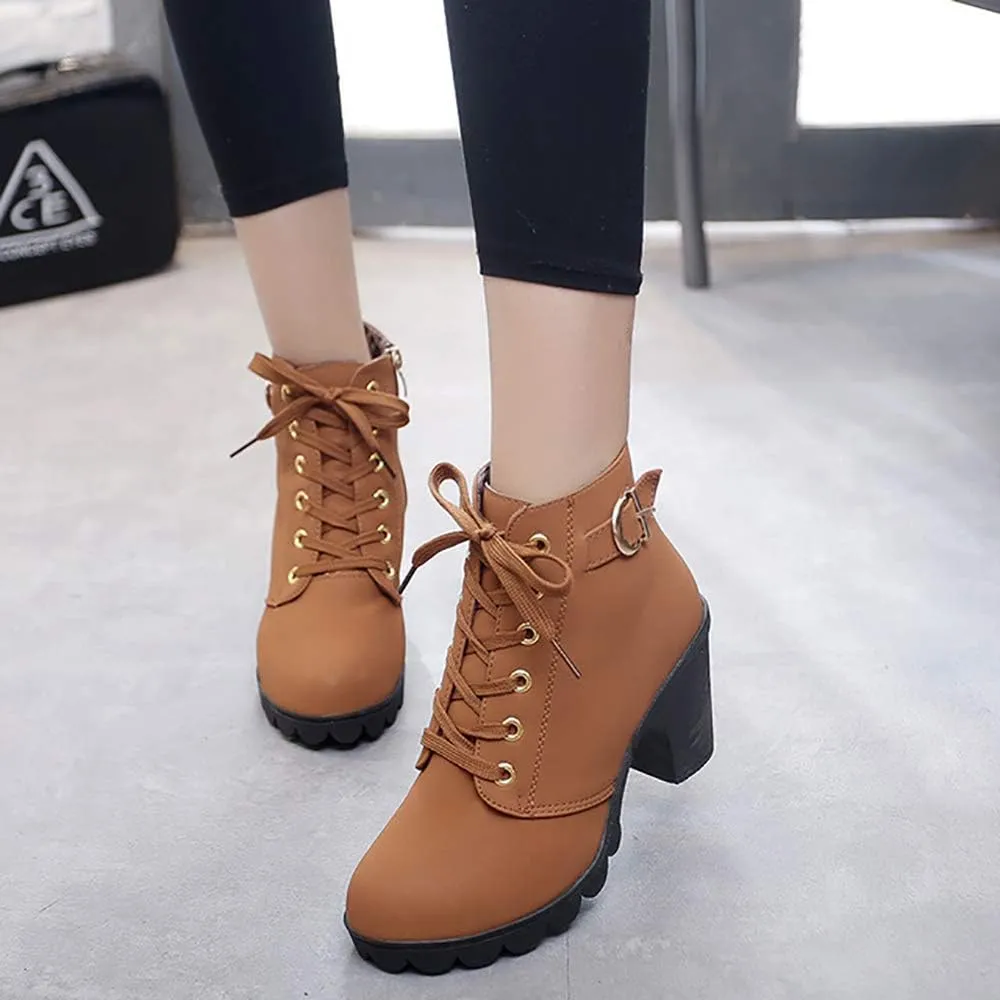 JITUUE Women Round Toe Belt Buckle Thick High Heel Platform Side Zipper Oxford Ankle Boots