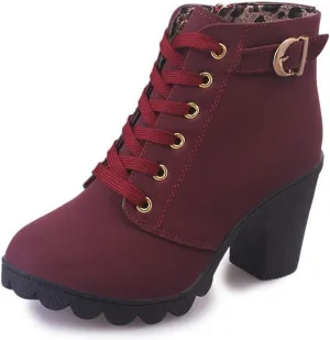 JITUUE Women Round Toe Belt Buckle Thick High Heel Platform Side Zipper Oxford Ankle Boots