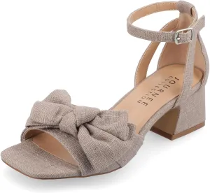 Journee Womens Linen Bow Knot Covered Block Heel Open Square Toe Buckle Ankle Zevi Comfort Foam Sandals