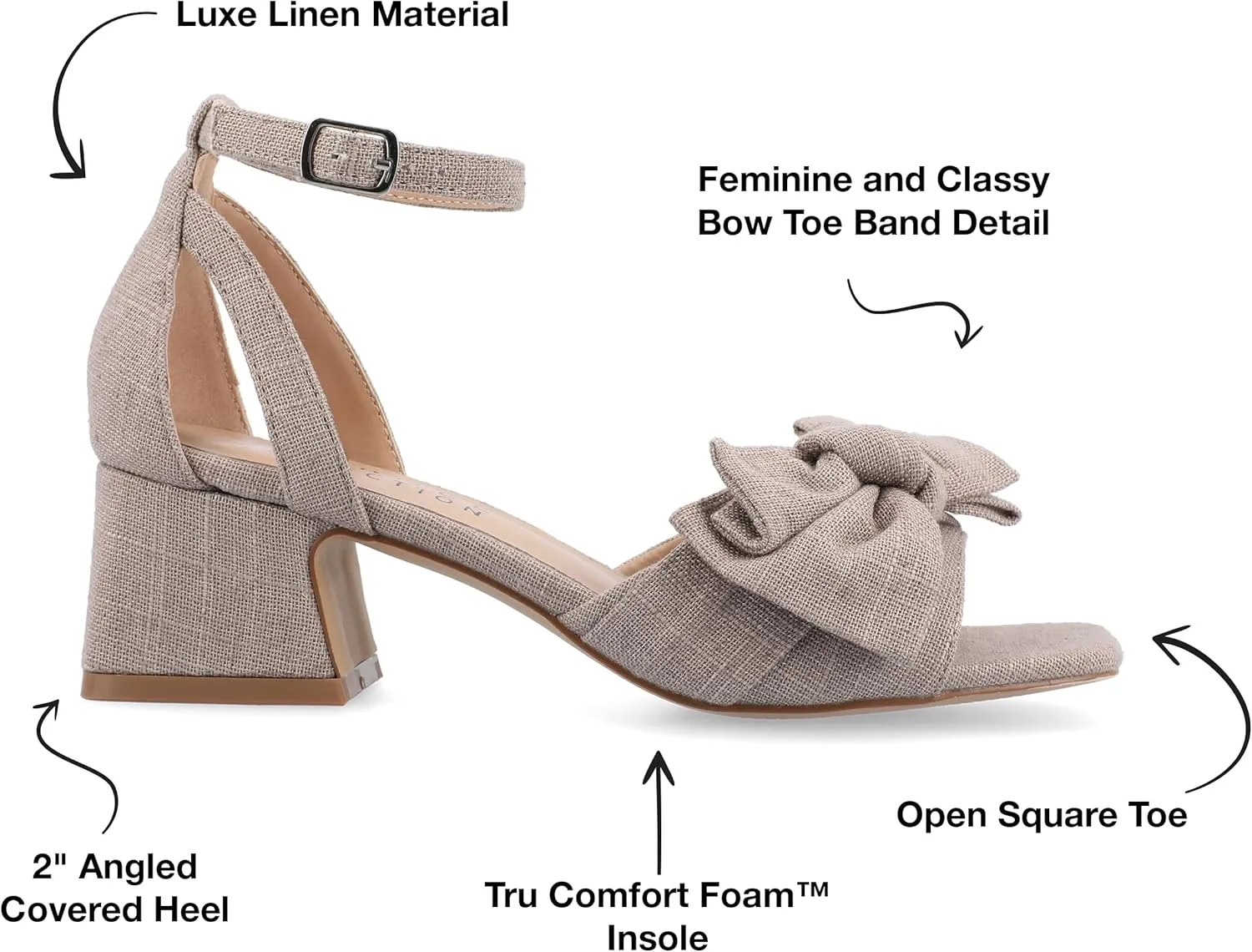 Journee Womens Linen Bow Knot Covered Block Heel Open Square Toe Buckle Ankle Zevi Comfort Foam Sandals
