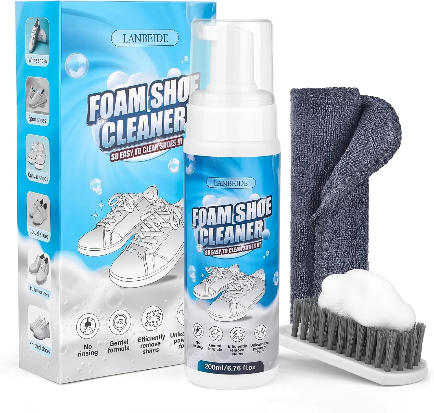 LANBEIDE Shoe Cleaning Kit - 6.76 Oz Sneaker Cleaner with Brush and Towel, White Shoe Cleaner Foam