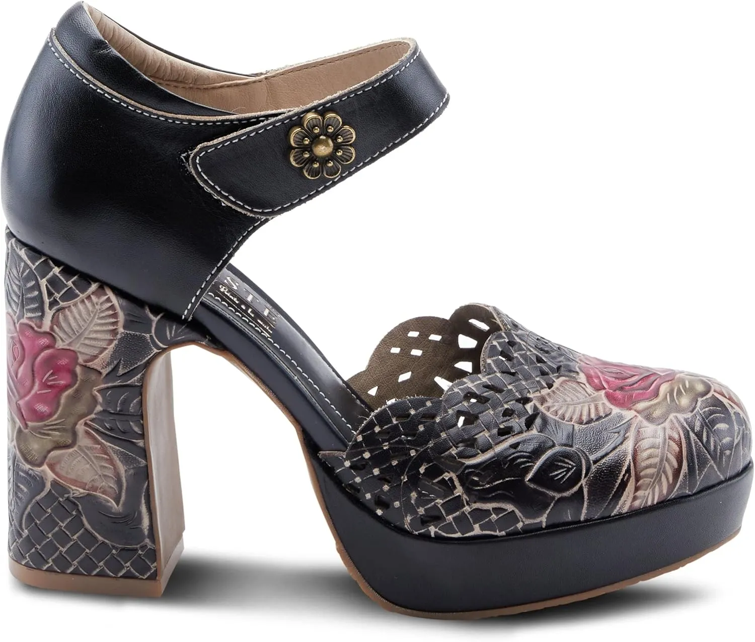 L'Artiste Debbihary Mary Jane Pump Shoes for Women | Pointed Closed Toe High Heels for Women with Rose Embossed Details and Adjustable Ankle Strap